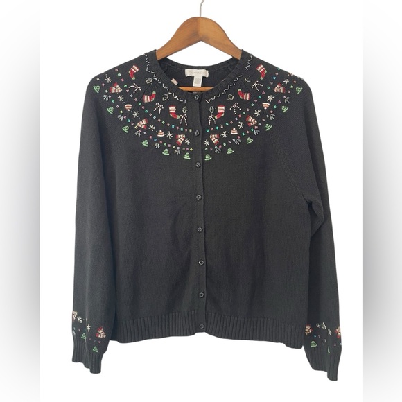 Women’s Charter Club Christmas Cardigan Embroidered Beaded Quirky Size L - Picture 1 of 10